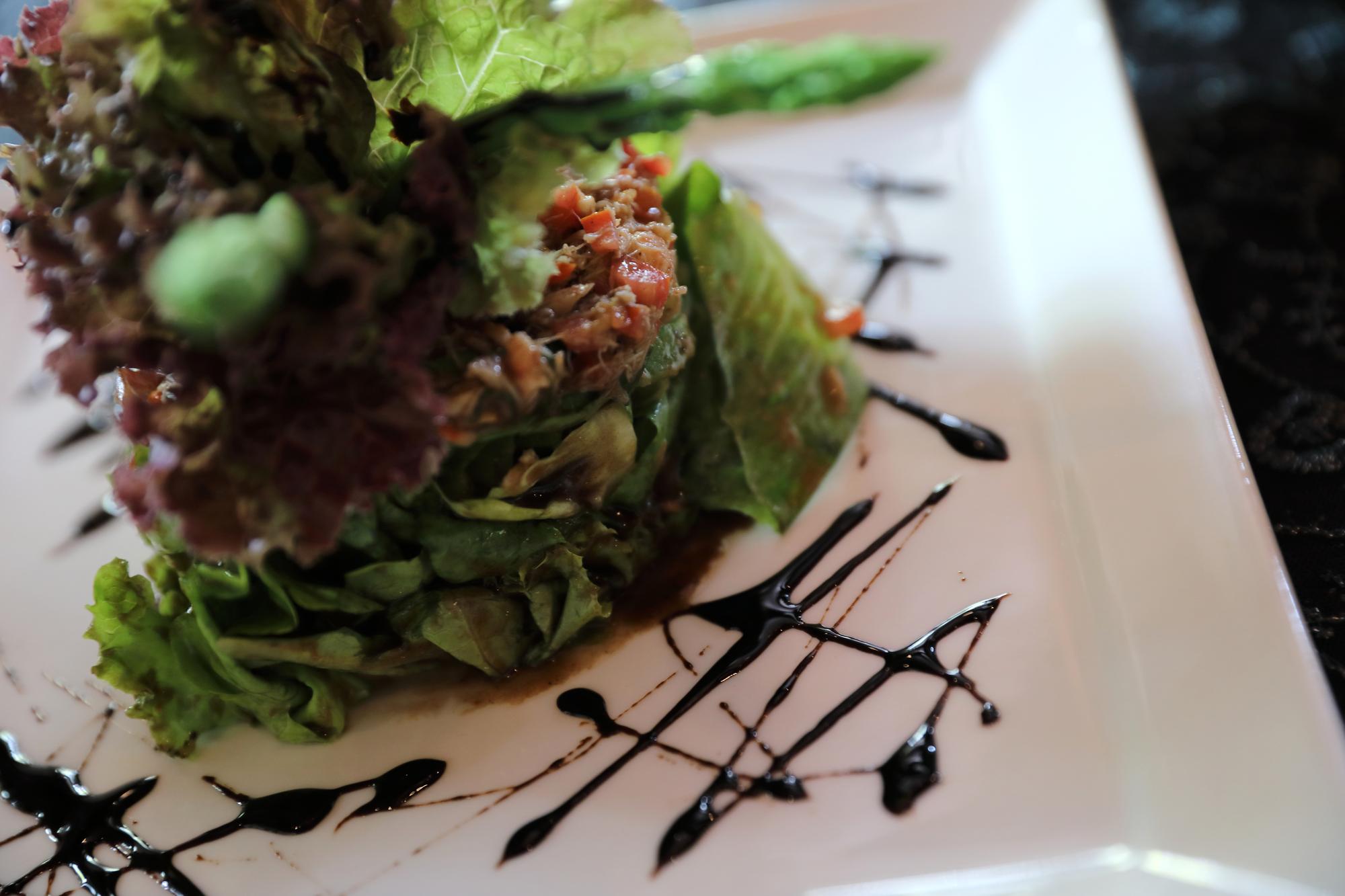 Close-up plated starter with microgreens