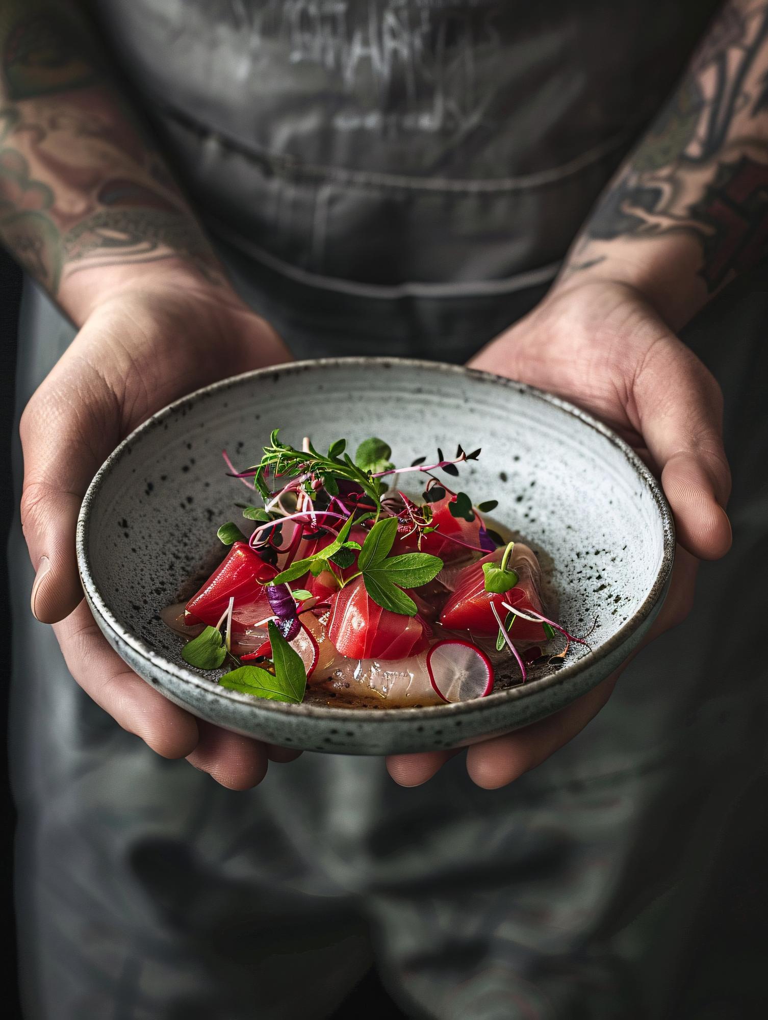 Chef preparing plated modern dish on wooden table
